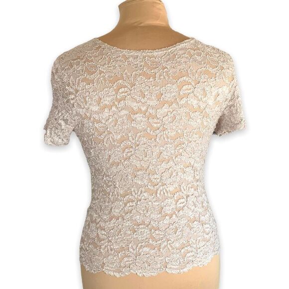 Vintage Lace Top Floral Sheer Blouse Off-White Short Sleeve Crew Neck Scoopneck - Picture 4 of 9
